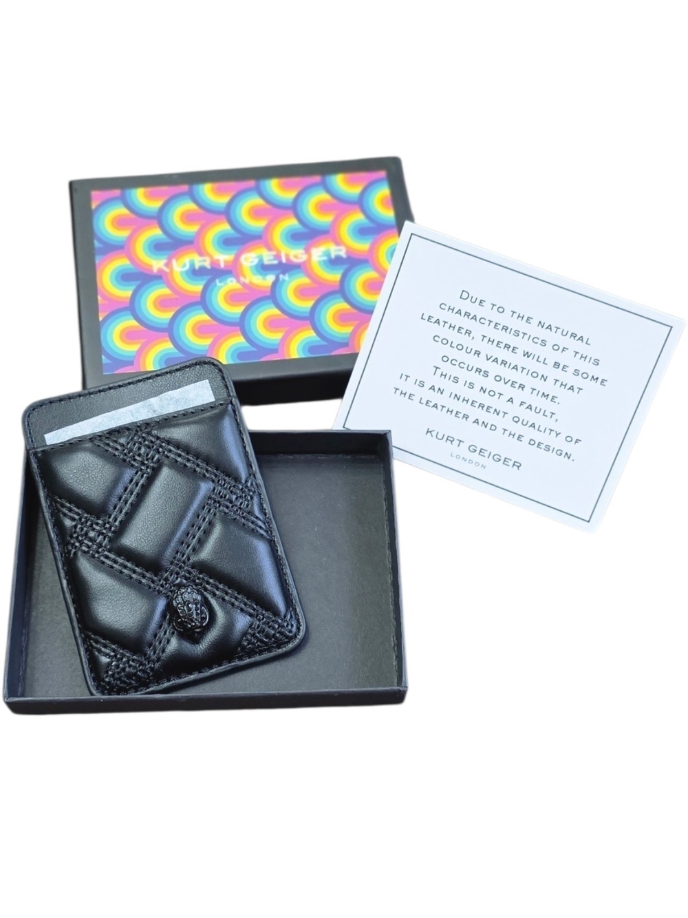 Kurt Geiger London Quilted Black Leather Card Holder Wallet Eagle Hardware NIB